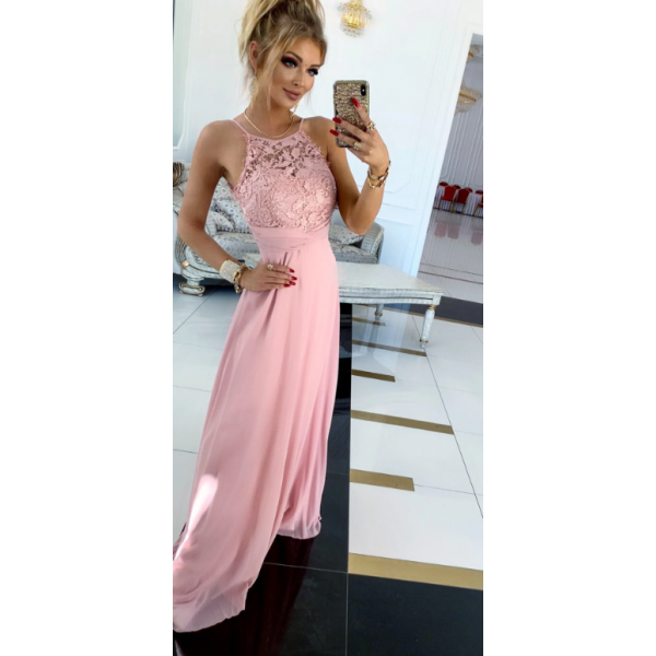 Dolga pudrasta obleka s čipko